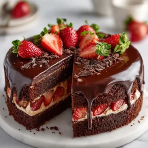 Irresistible Strawberry Chocolate Shell Cake