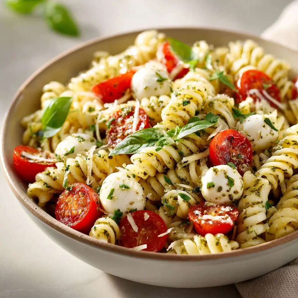 Light And Creamy Pesto Caprese Pasta Salad