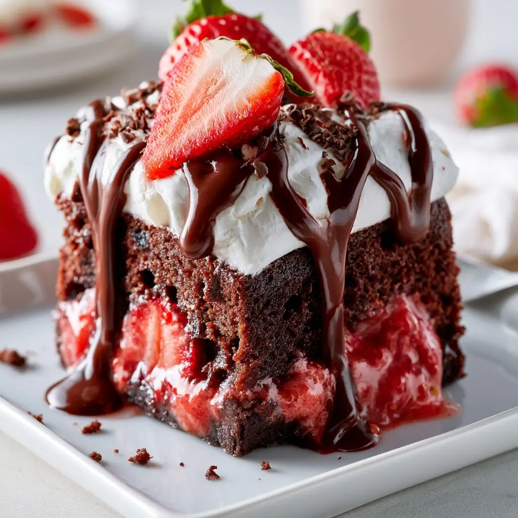 Silky Strawberry Chocolate Poke Cake For Summer Nights