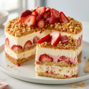 Strawberry Shortcake Cheesecake With Cookie Crunch Layers