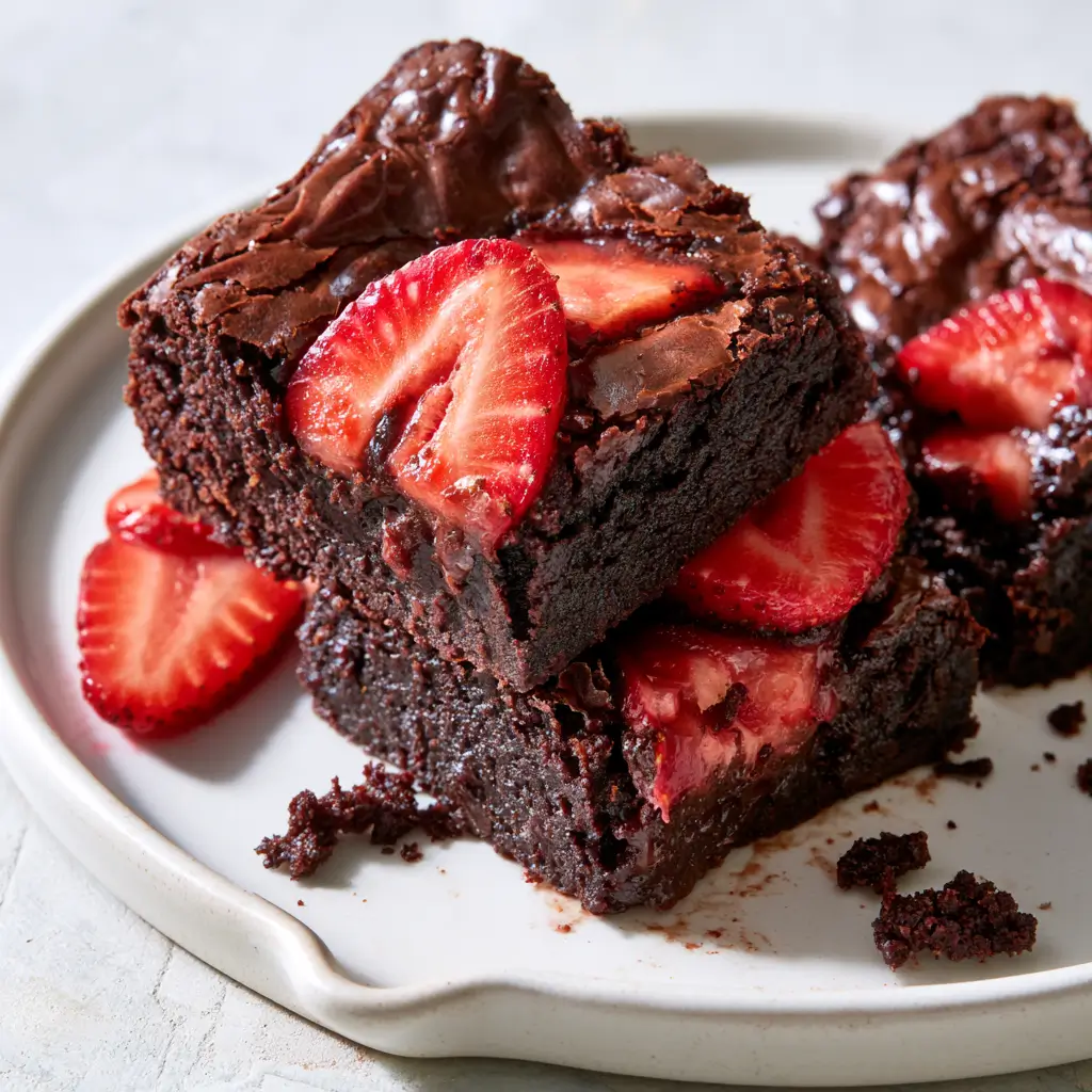 Fudgy Chocolate Brownies Topped With Sliced Strawberries